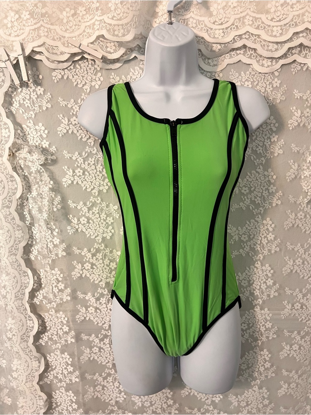 Vintage 90's Lime Green Newport News Swimsuit One Piece Size 8 tall zipper